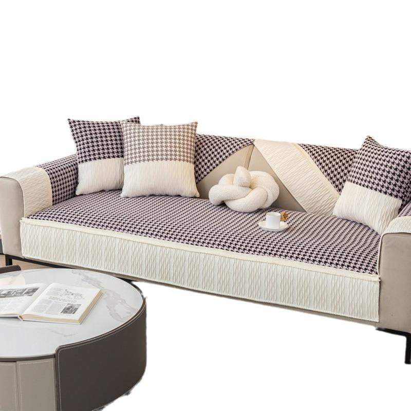 Chenille Houndstooth Sofa Cushion, Universal Anti-slip, Light Luxury Fabric Splicing, Cushion Cover, Cloth Towel for All Seasons
