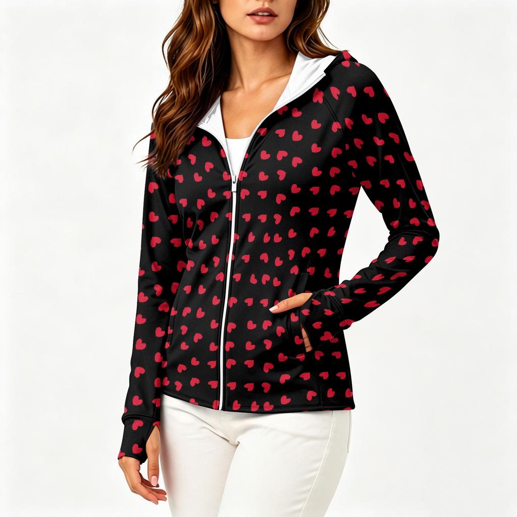 Women Lightweight Zip Up Hooded Jacket with Pockets Long Sleeve Sun Protection Printed Outerwear