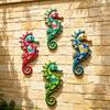 4 Bucăți Decor de Perete Cal de Mare din Lemn Artă de Perete Vintage cu Viață Marină Sculptură de Agățat pe Perete cu Tematică Oceanică Costieră pentru Casă Grădină Gard Piscină Plajă Baie
