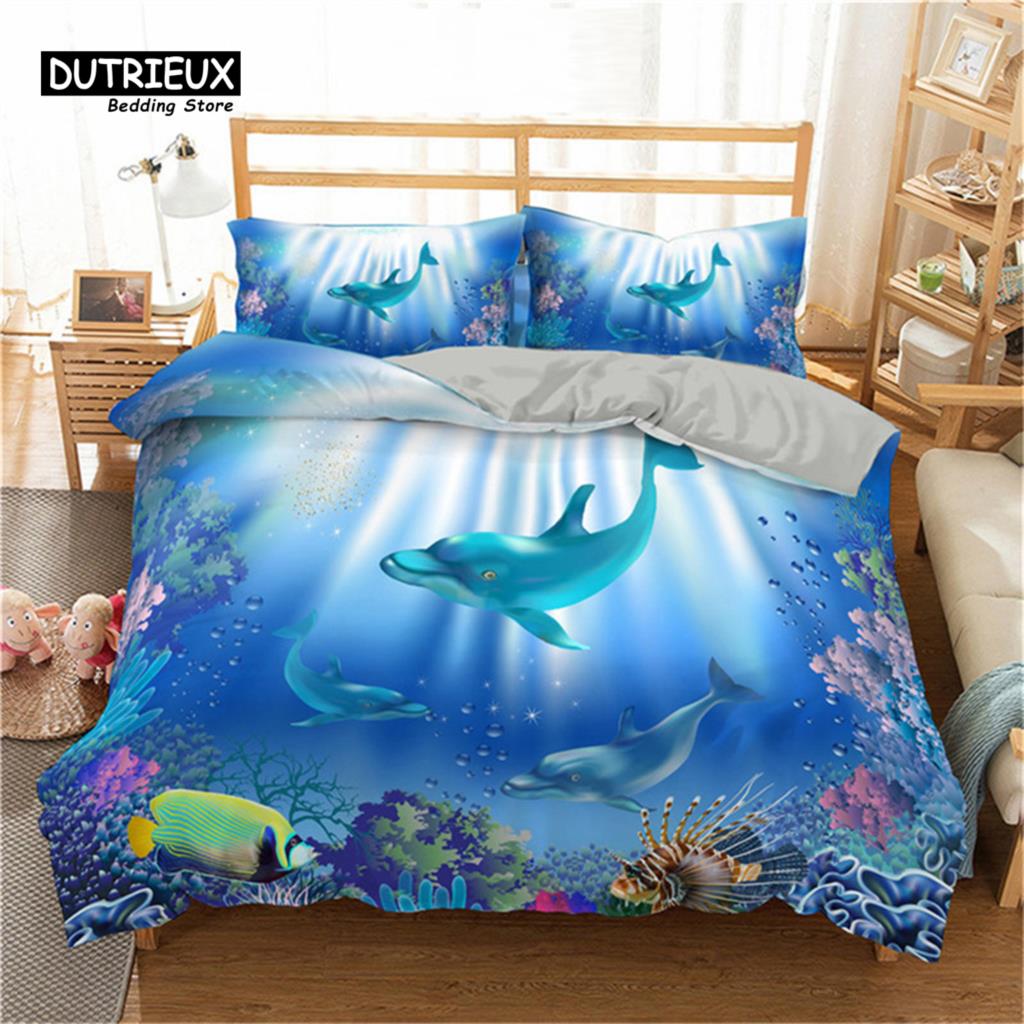 

Комплект постельного белья для малышей с изображением рыб, дельфинов, черепах, океана, морской тематики, пододеяльник из микрофибры с изображением морских существ EU single(135x200cm)