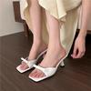 High Heels Women's Summer 2025 New French Pink Bow Sandals One-word Stiletto Square Head Outer Slippers