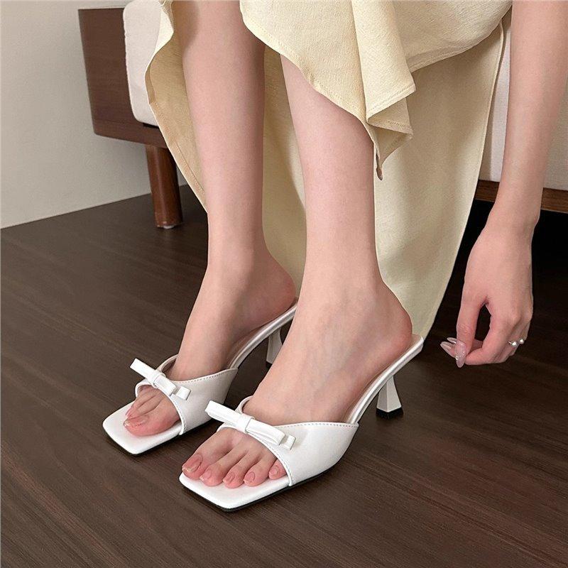High Heels Women's Summer 2025 New French Pink Bow Sandals One-word Stiletto Square Head Outer Slippers