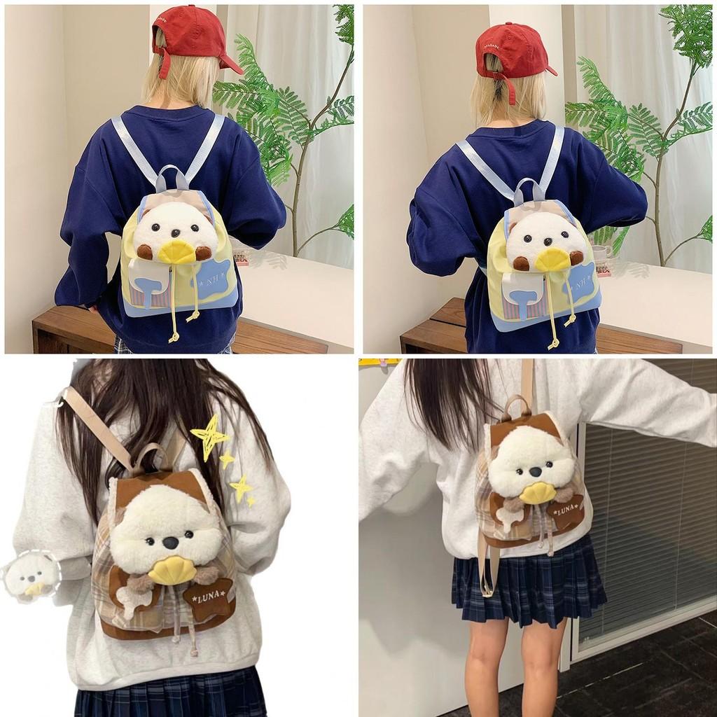 Checkered Dog Shell Pocket Cartoon Animal Plush Backpack For Student Commuting