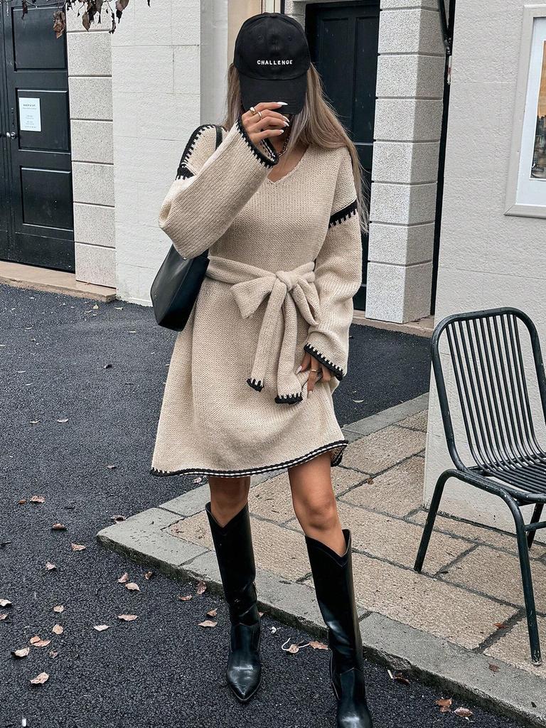 Women's Loose-fit Knitted V-neck Long Sleeve Dress With Belt