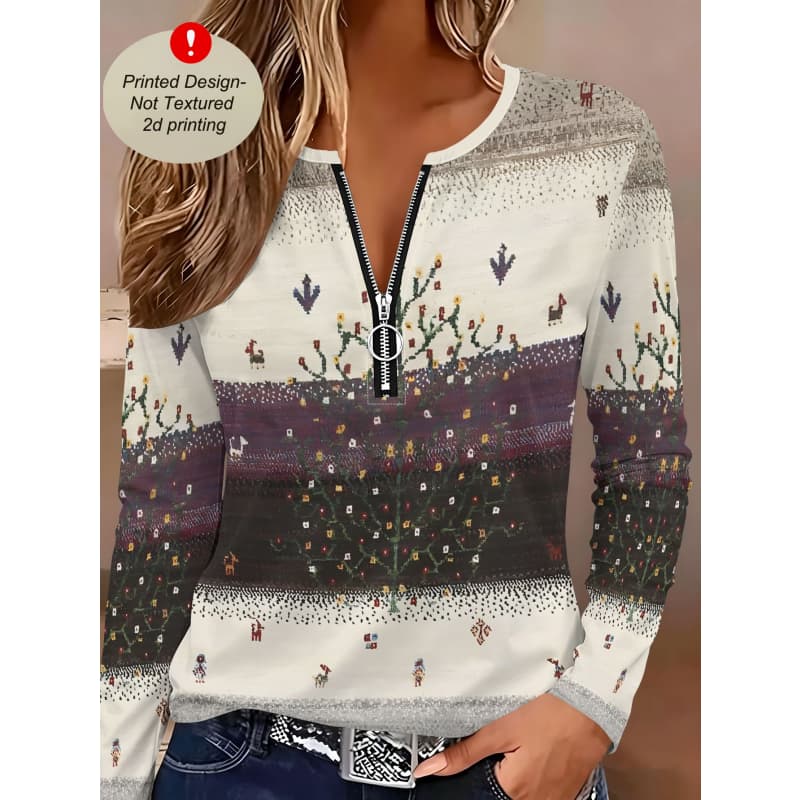 T-shirt à manches longues zippé imprimé créatif pour femme, respirant, doux et confortable, adapté à un usage décontracté toute l'année