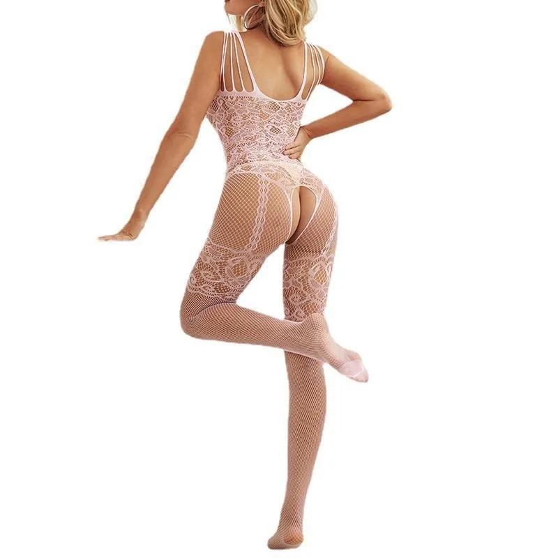 Ins Sexy Women's Hollow Out See Through BodysuitsTeddies Stocking Babydolls Set Open Crotch Pantyhose Dress Lingerie Sex Costume