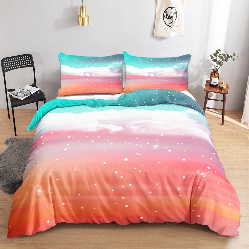 Rainbow Bedding Set Halo Dyeing Gradient Color Clouds Constellation Duvet Cover Set Single/Twin/Double Size Funny Gifts For Kids