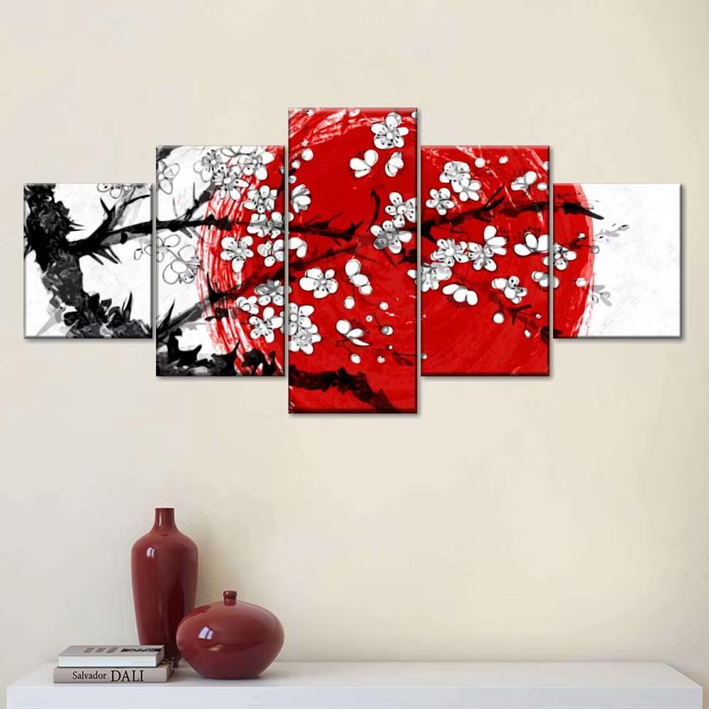 

5 Panel Japan Cherry Blossom Wall Art Sakura in Blossom and Red Sun Canvas Painting Zen Poster for Living Room Wall Decor 20x35-20x45-20x55cm