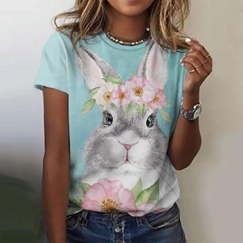 New Vintage Rabbit Print Women's T-shirt Plus Size Top 2024 Women's Clothing Fashion Short Sleeve Shirt Crew Blouse Summer