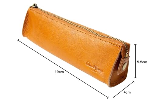 Dom Teporna Genuine Leather Pencil Case, Slim, Stylish, Italian Leather, Smooth Zipper, Small, Holds Fountain Pens, Stationery, Brown