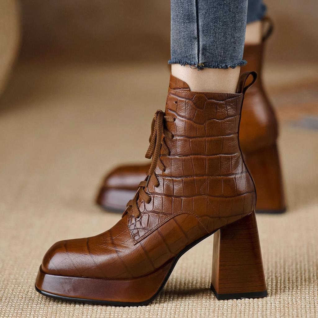 Women's shoes 2026 Spring and Autumn new waterproof platform top layer high heels short boots thick heel tie brown women