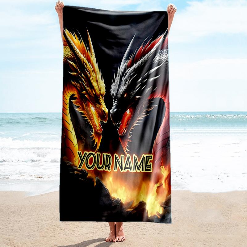 1PC Custom Name "Dragon Battle: Fire vs Ice" Beach Towel Highly Absorbent And Sand-Resistant Towel for Swimming, Pool, Yoga, And Travel Lightweight