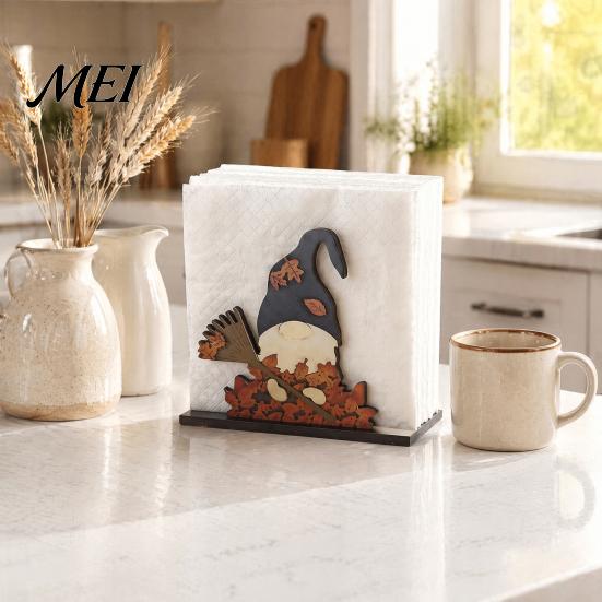 Cute Turkey Pattern Table Ornament Thanksgiving Solid Wood Napkin Holder, Fall Harvest Gnome Scarecrow Tissue Wooden Paper Towel Holder Dispenser,