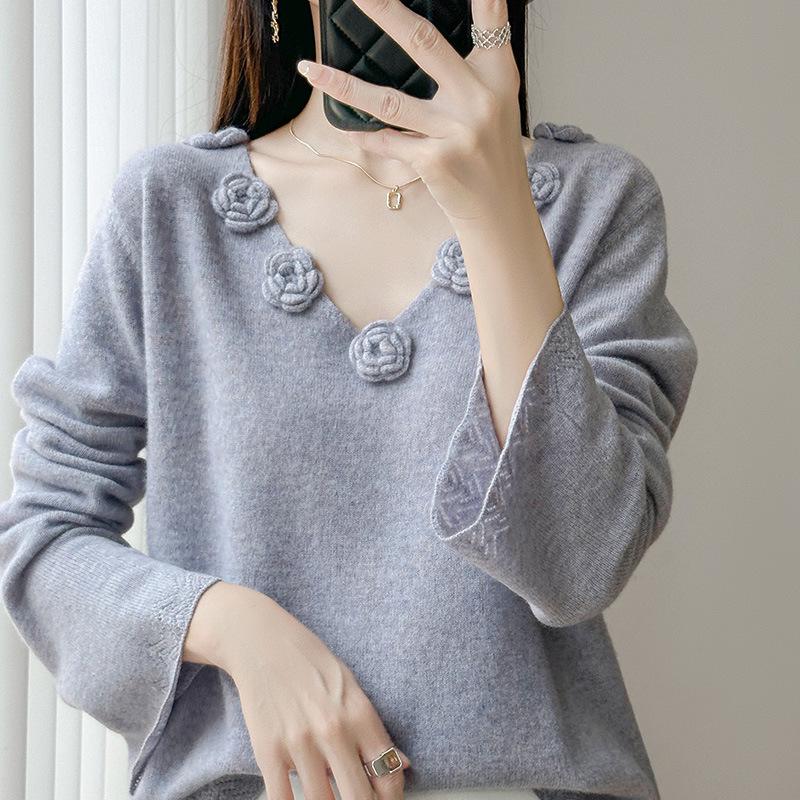 Silk Wool 3D Floral Patchwork Sweater: Women's Autumn/Winter Crochet Knitwear