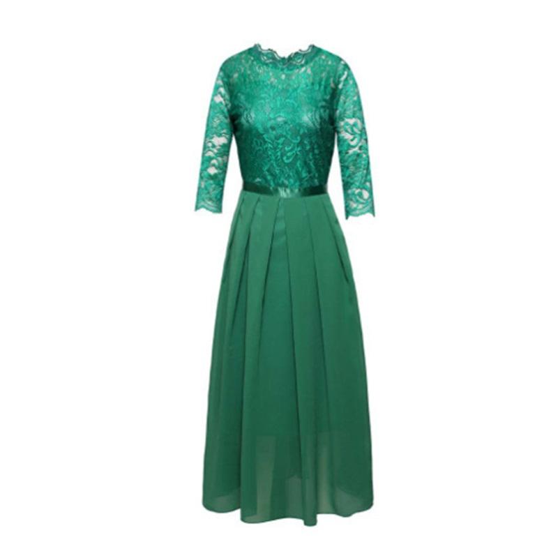 Women's Solid Color Three-quarter Sleeve Round Neck Long Lace Evening Dress
