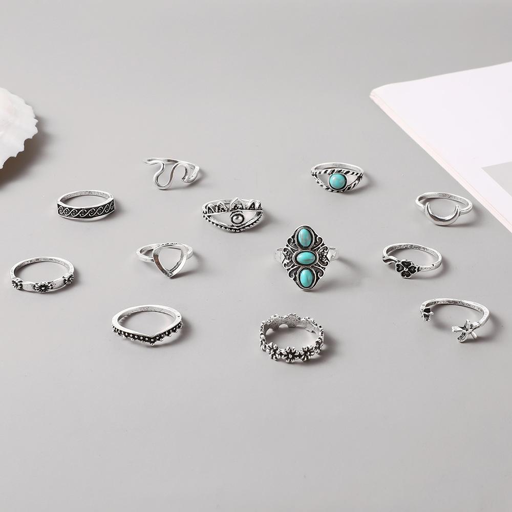 Ring Vintage Turquoise Crescent Carving Hollow 12 Piece Set Ring Women