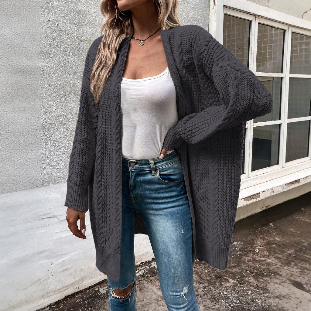 European and American New Women's Twist Sweater Women's Cardigan Jacket Large Size Solid Color Loose V-neck Long Knitted Sweater