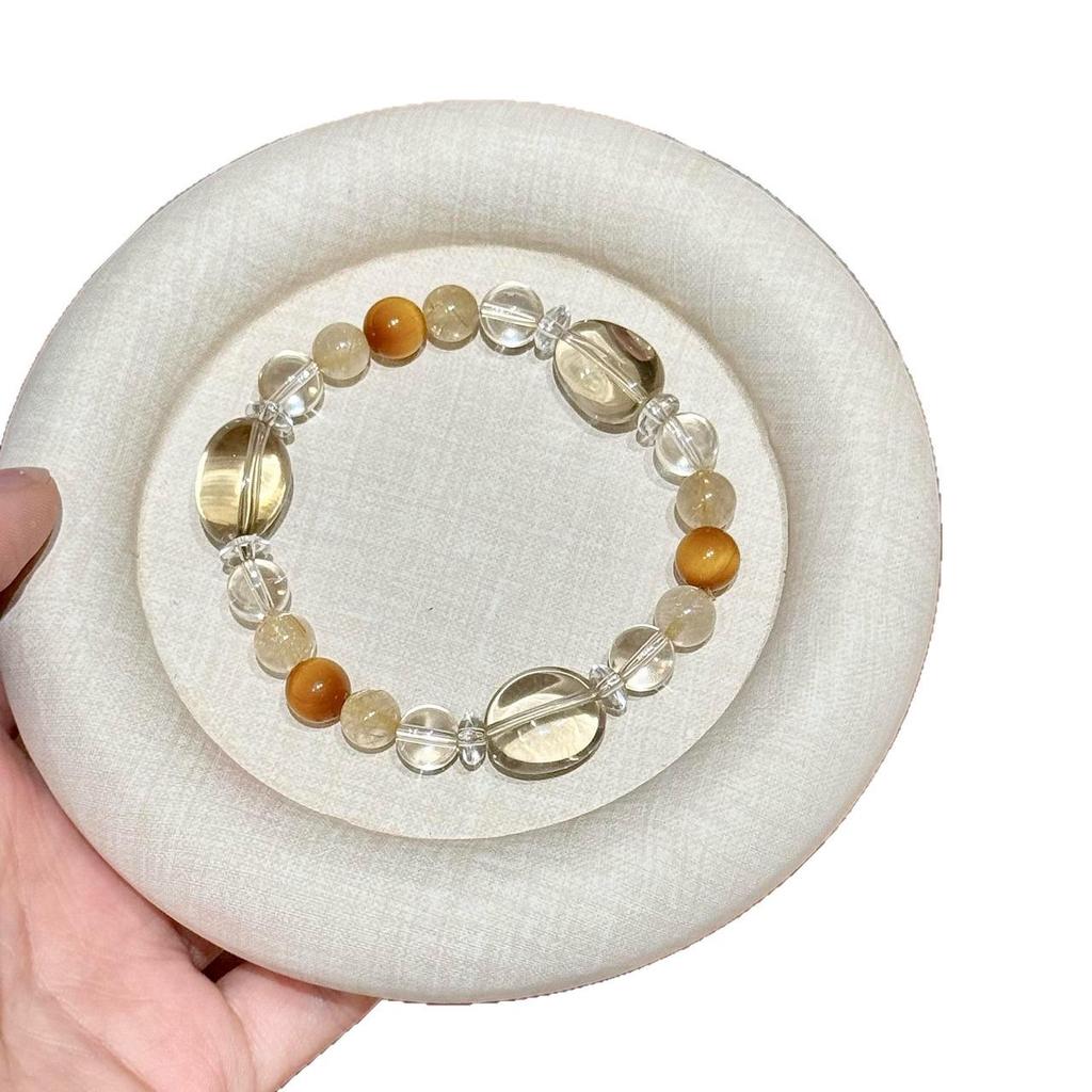 Women's Original Design Golden Rutilated Quartz, Citrine, and Tiger Eye Bracelet with White Crystal Accents