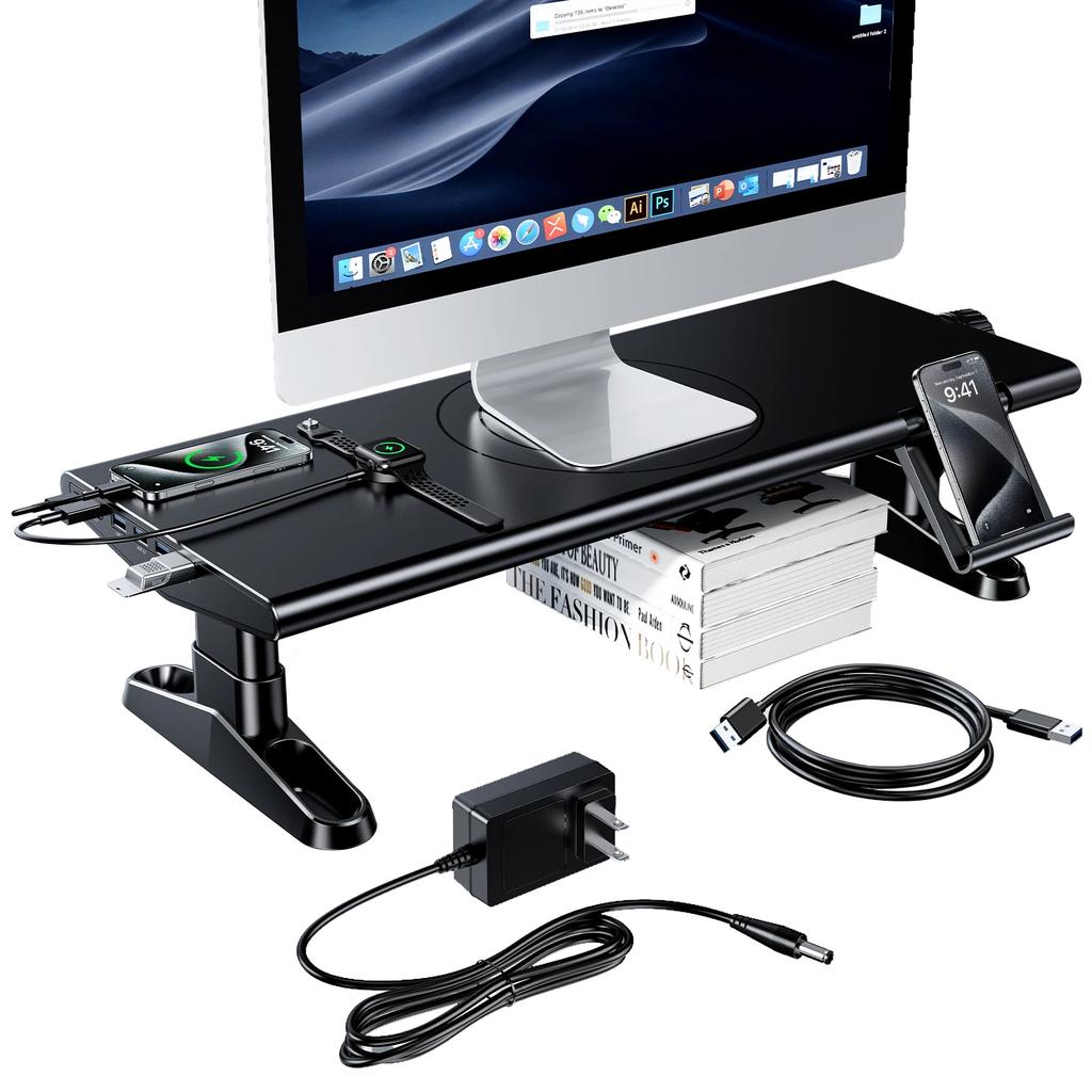 Oatsbasf Laptop Computer Monitor Stand Riser with Phone Stand 4.5-6.3" Height Adjustable with 4-Port USB 3.0 Type-C for Office