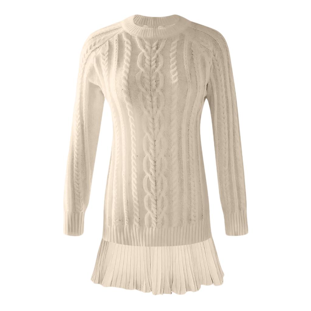 Women's Solid Round Neck  Dough Twists Knitting Chiffon Splicing Sweet Temperament Dress