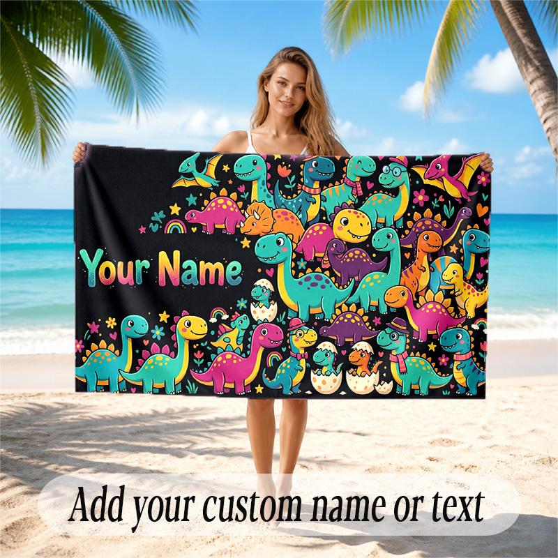 Dinosaur Theme Quick Dry Beach Towel Custom Name Text Print Large Sand Resistant Towel Beach Vacation
