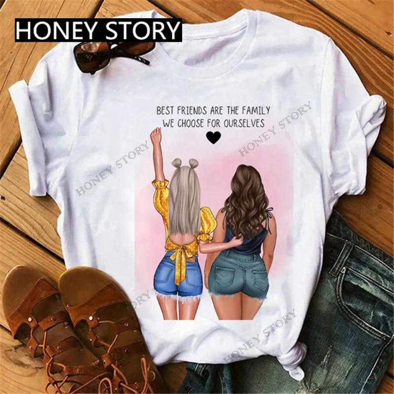 Summer Fashion Best Friends T-Shirt Short Sleeve Graphic Tees for Ladies Good Friend Bestie Sister Outfit Polyester Fabric