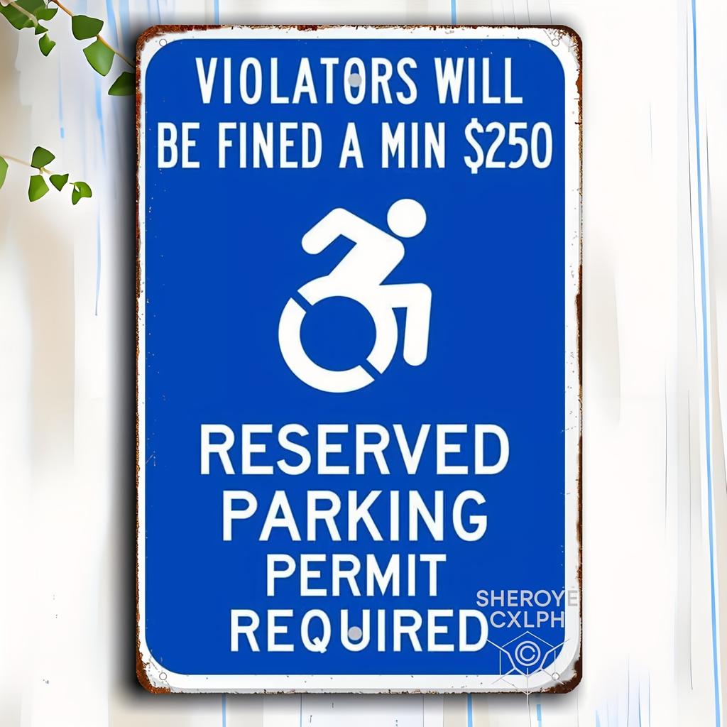 2D Flat - ADA Violators Will Be Fined a Min of $250, Reserved Parking Metal Sign, 8x12 Inch Waterproof Iron Wall Art Decoration