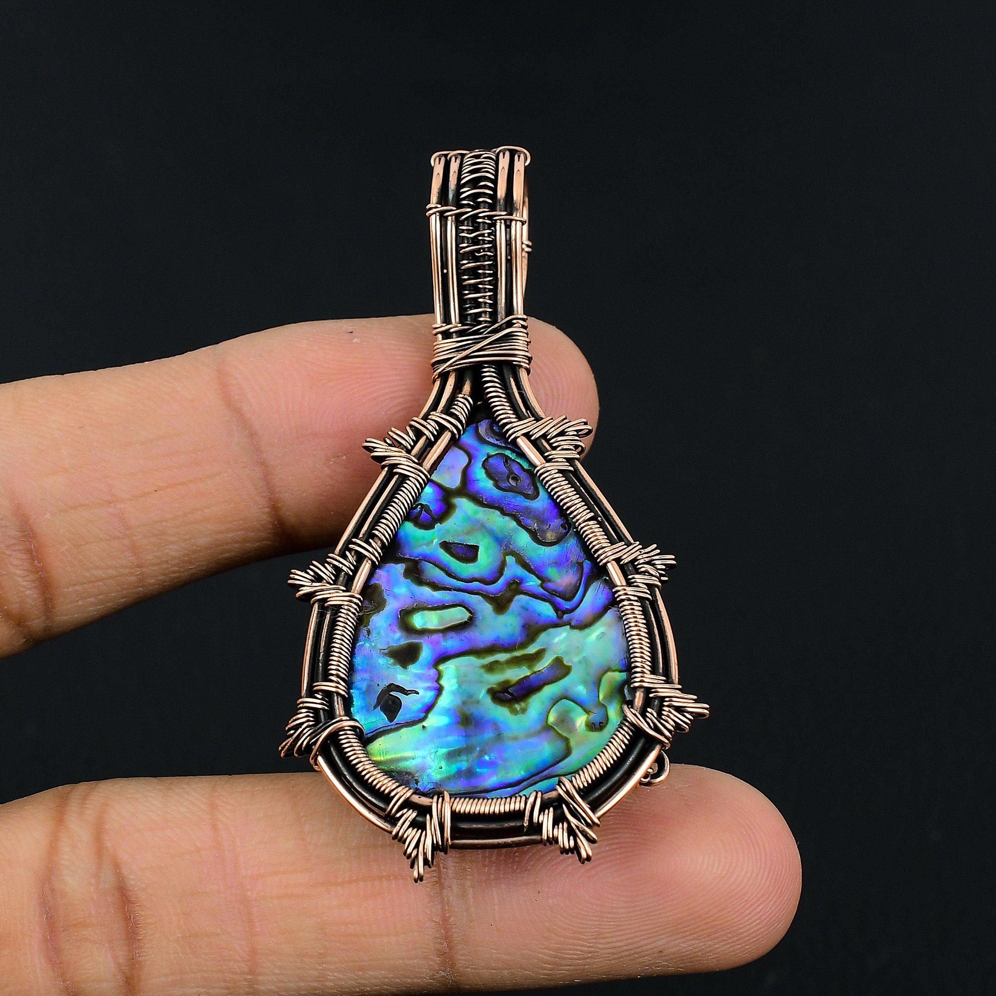 

Кулон из раковины абалона, обернутый медной проволокой 999 пробы, Ювелирные изделия с подвеской из драгоценного камня ручной работы, Подарки для жены, Совершенно новый кулон 2.55 Inches