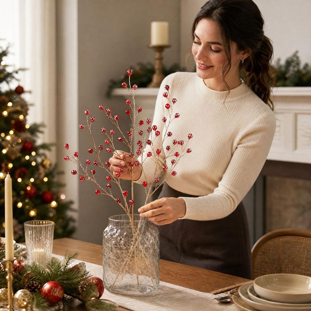 Small Red Christmas Tree Picks, Decorative Branch for Holiday Wreath Garland and Scene Decor