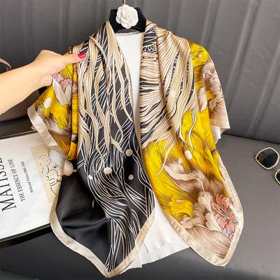 110x110cm Women Silk Square Scarf Hijab Female Design Print Lady Shawl Wraps Foulard Headbands Bufanda Large Bandana Luxury
