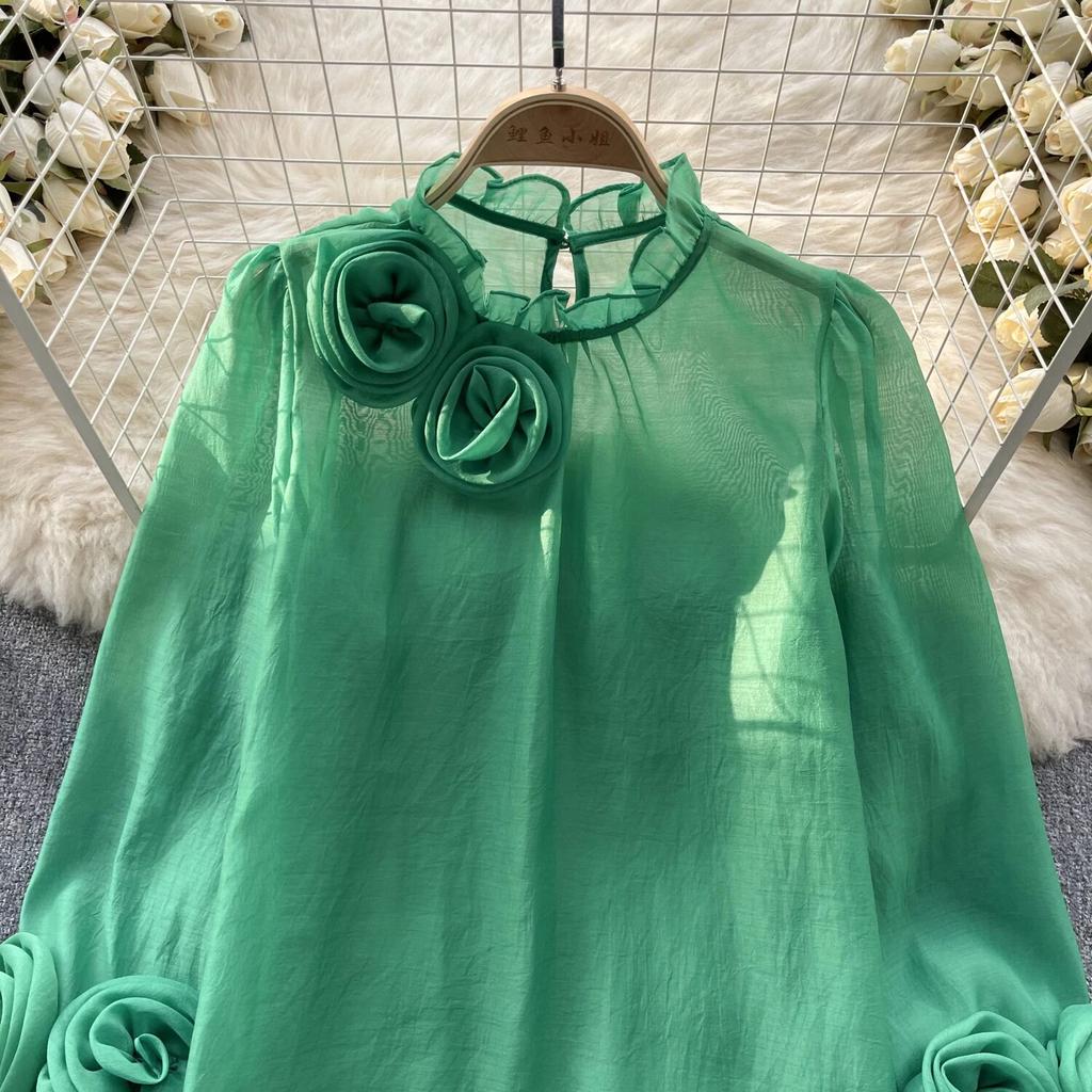 Ruffles Sweet Sheer Blouse O Neck Long Sleeves 3D Floral Loose Top Korean Style Streetwear Vintage OL Casual Shirt