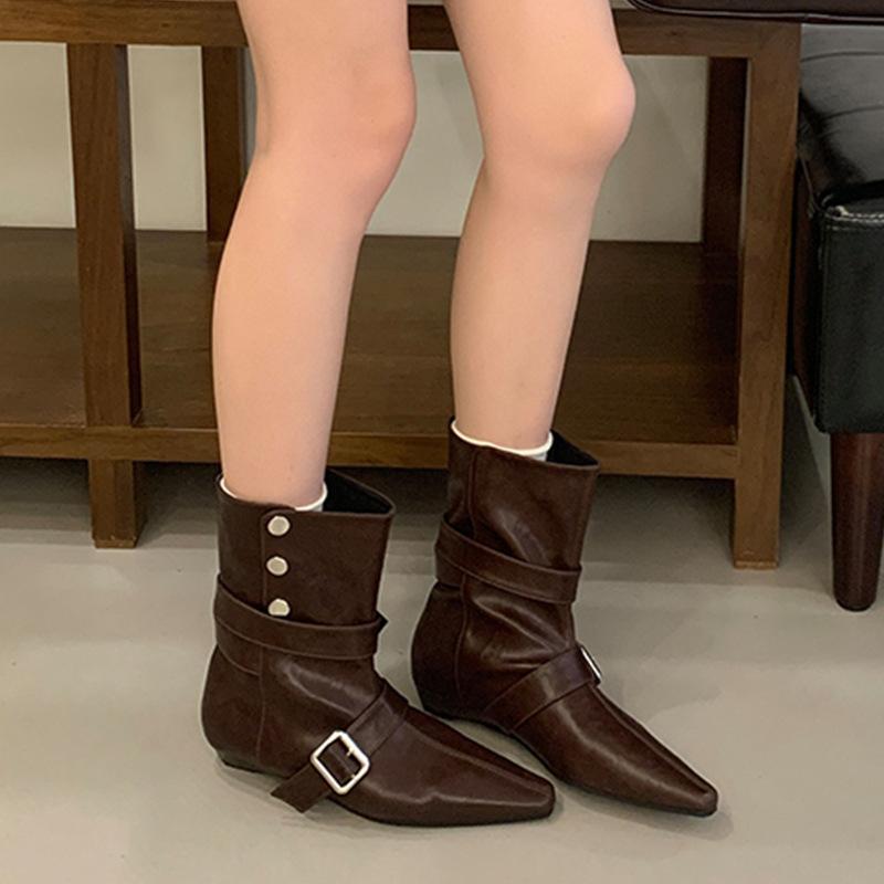 Kurze Stiefel für Damen, Damenstiefel der Saison, spitze Stiefel, kurze Stiefel mit flacher Sohle, schmale Stiefel, Martin-Stiefel