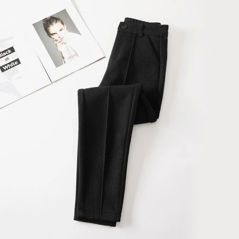 High Waist Wool Blend Pants Women Winter Thicken Plush Lined Harem Pantalones Office Casual Warm Ankle-length Woolen Spodnie