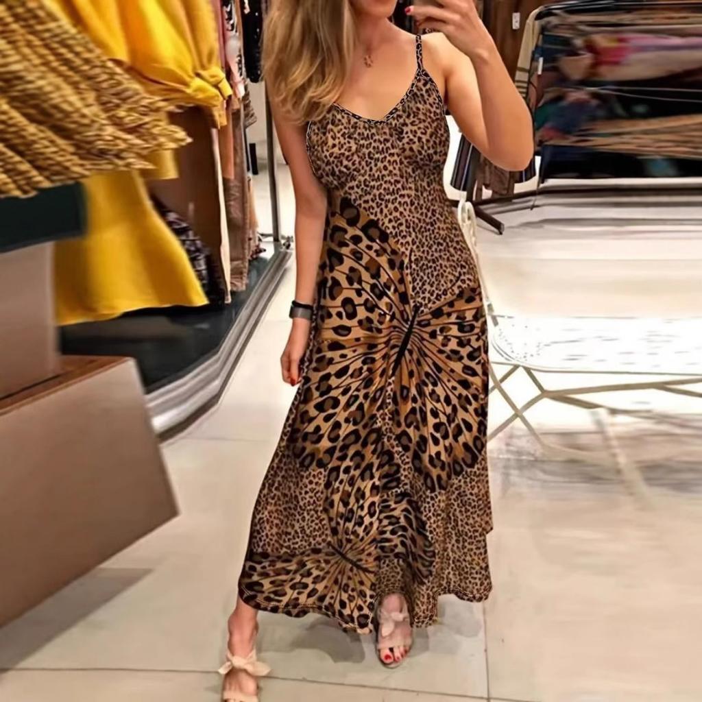 New Women's V-neck Sleeveless Maxi Dress, Leopard Butterfly Print Suspender Long Dress
