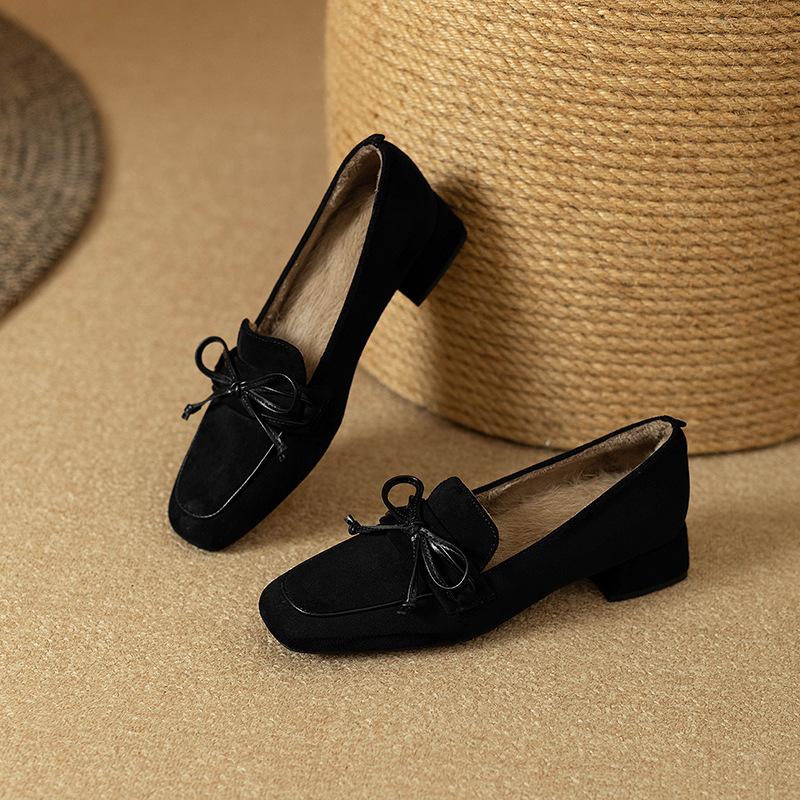 2025 Autumn and Winter New Retro Bow Matte Leather Thick Heel Single Shoes Women's Plush Fluffy Shoes One Pedal Loafers