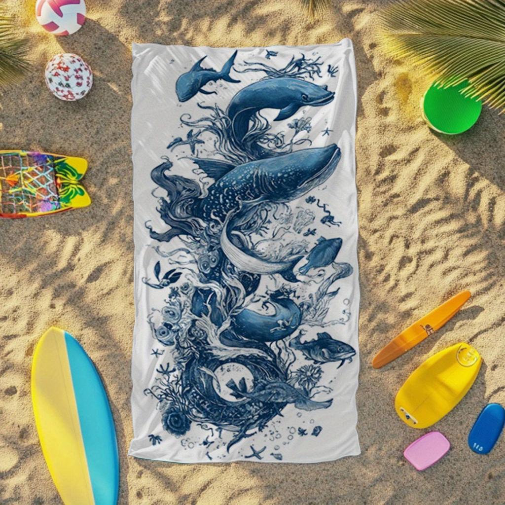 1 Pack Extra Large Microfiber Quick Dry Beach Towel -Simple Ocean Life Whale Shark Coral Reef Line Art Design, Lightweight, Pool