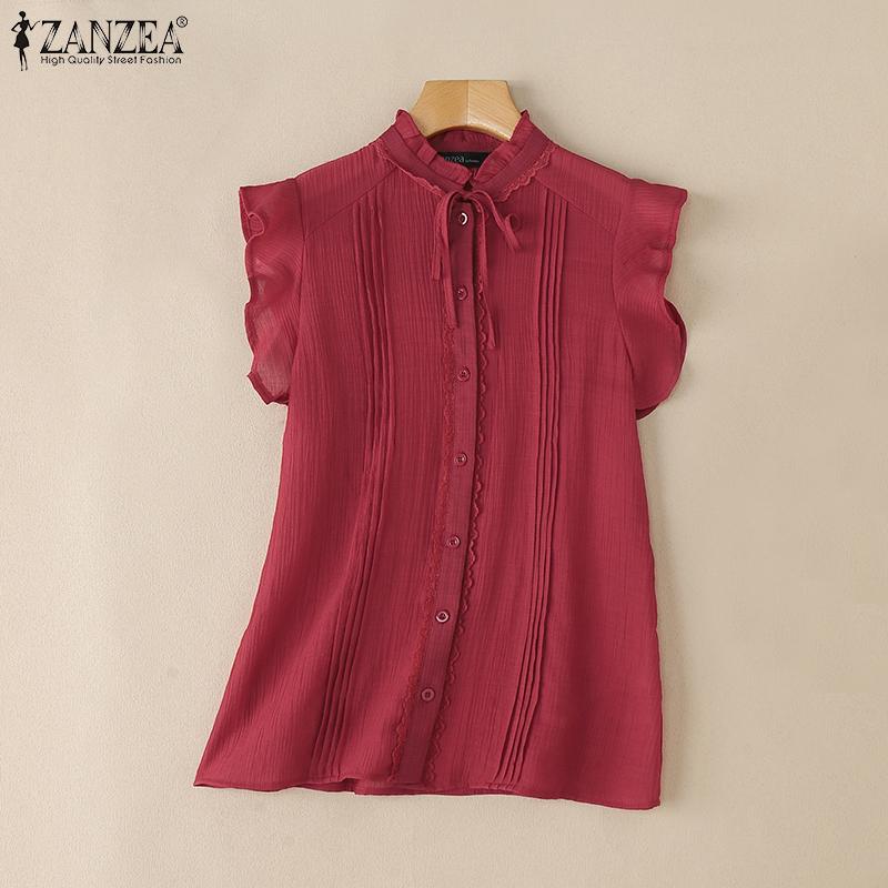 ZANZEA Summer Women Ruffled Sleeveless Lace Hem Frills Casual Tank Tops
