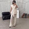 Women's Short Sleeve Belted Blazer and Wide Leg Pants Suit Set Black Casual Outfit