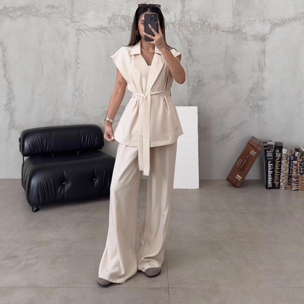 Women's Short Sleeve Belted Blazer and Wide Leg Pants Suit Set Black Casual Outfit