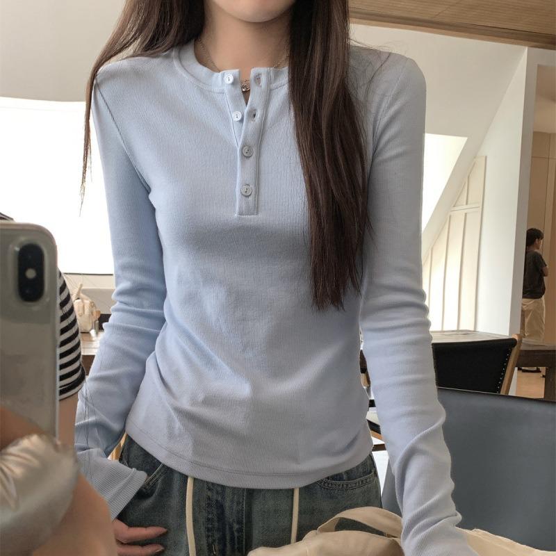 Light blue button-up front shoulder top women's early spring tight and thin Spice Girl style long-sleeved shirt with bottoming shirt
