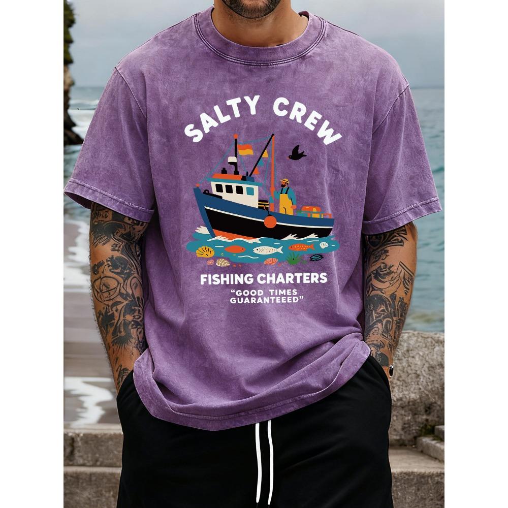 

Salty Crew Fishing Charters Print Vintage Washed T Shirt Men Summer All-Match Streetwear Hip Hop Loose T-Shirt S