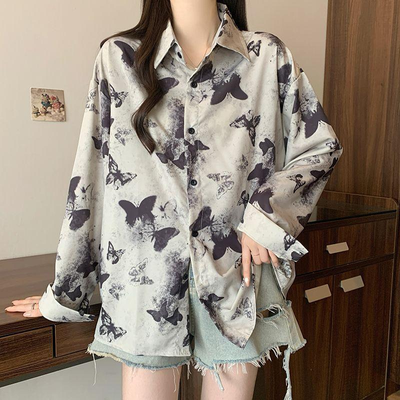 

Butterfly Printed Women s Shirt Loose Turndown Collar Single Breasted Thin Chic Blouse Summer New Trend Fashionable Famale Long Sleeve Top M