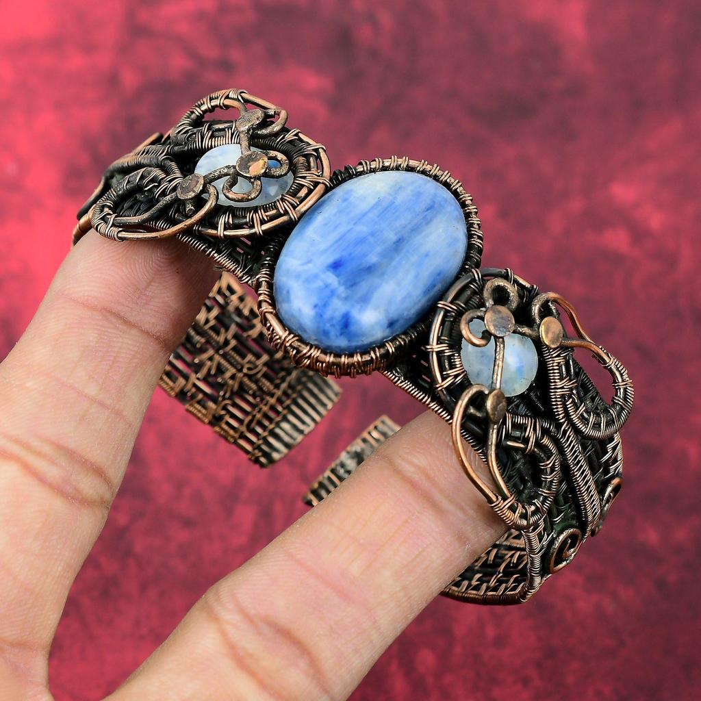Kyanite Cuff Bracelet Copper Wire Wrapped Adjustable Bangle Rainbow Moonstone Gemstone Cuff Bracelet Handmade Copper Jewelry Gifts For Wife
