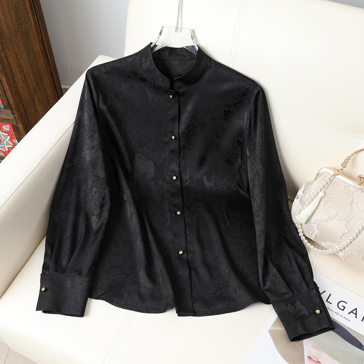 

Women s Spring/Summer Jacquard Stand Collar Shirt - National Style, Loose Fit, Slimming, Versatile, Long Sleeve. XL 120-135 kg чорний
