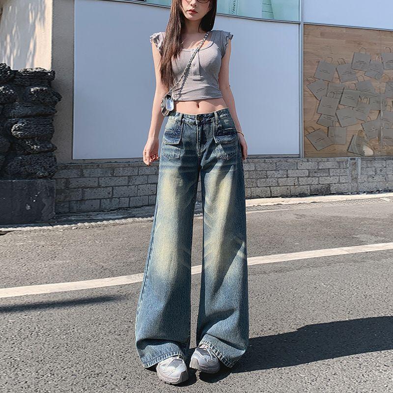 Spring Summer Mid Low Waist Cat Whisker Sandblast Vintage Blue Relaxed Straight Wide Leg Casual Denim Pants Ladies Casual Oversize Denim Trousers