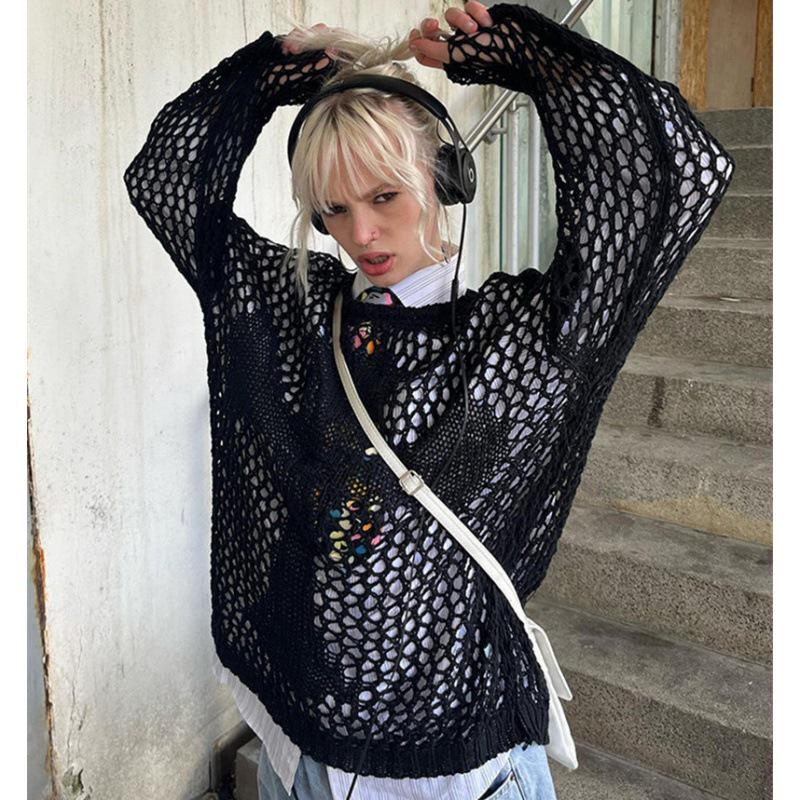 

Летний свитер крупной вязки в европейско-американском стиле 2024: Круглый вырез, длинный рукав, ретро прозрачный пляжный топ Extra Large чёрный