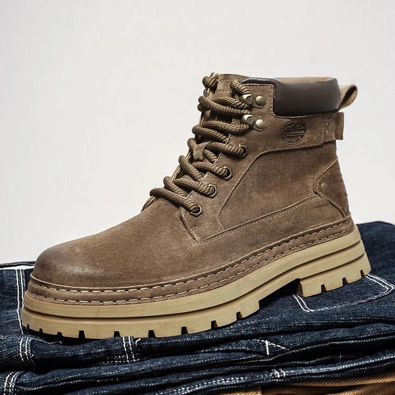 Men's Boots Warm Plush Fur Winter Shoes Man Suede Leather High Top Outdoor Fashion Sneakers Male Motorcycle Boots New Snow Shoes