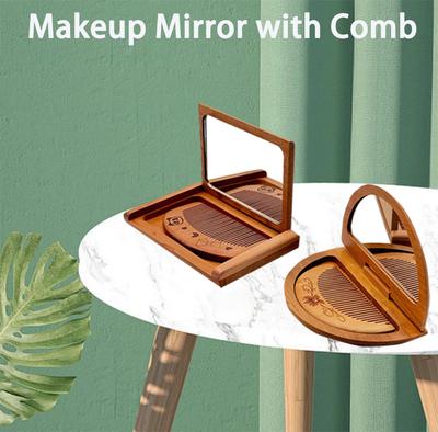 2 In 1 Wooden Comb Mirror Set Mini Vintage Makeup Mirror Peachwood Rectangle Portable Folding Mirrors For Girl Lady
