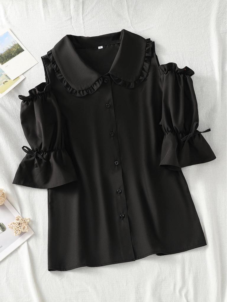 Versatile Ruffle Doll Collar Blouse - Women's Short-Sleeve, Pleated, Loose Fit, Solid Color
