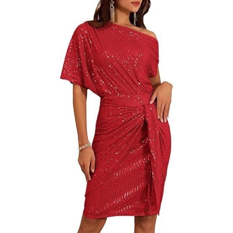 gold sequin one-shoulder short sleeve twist waist bodycon cocktail dress for women
